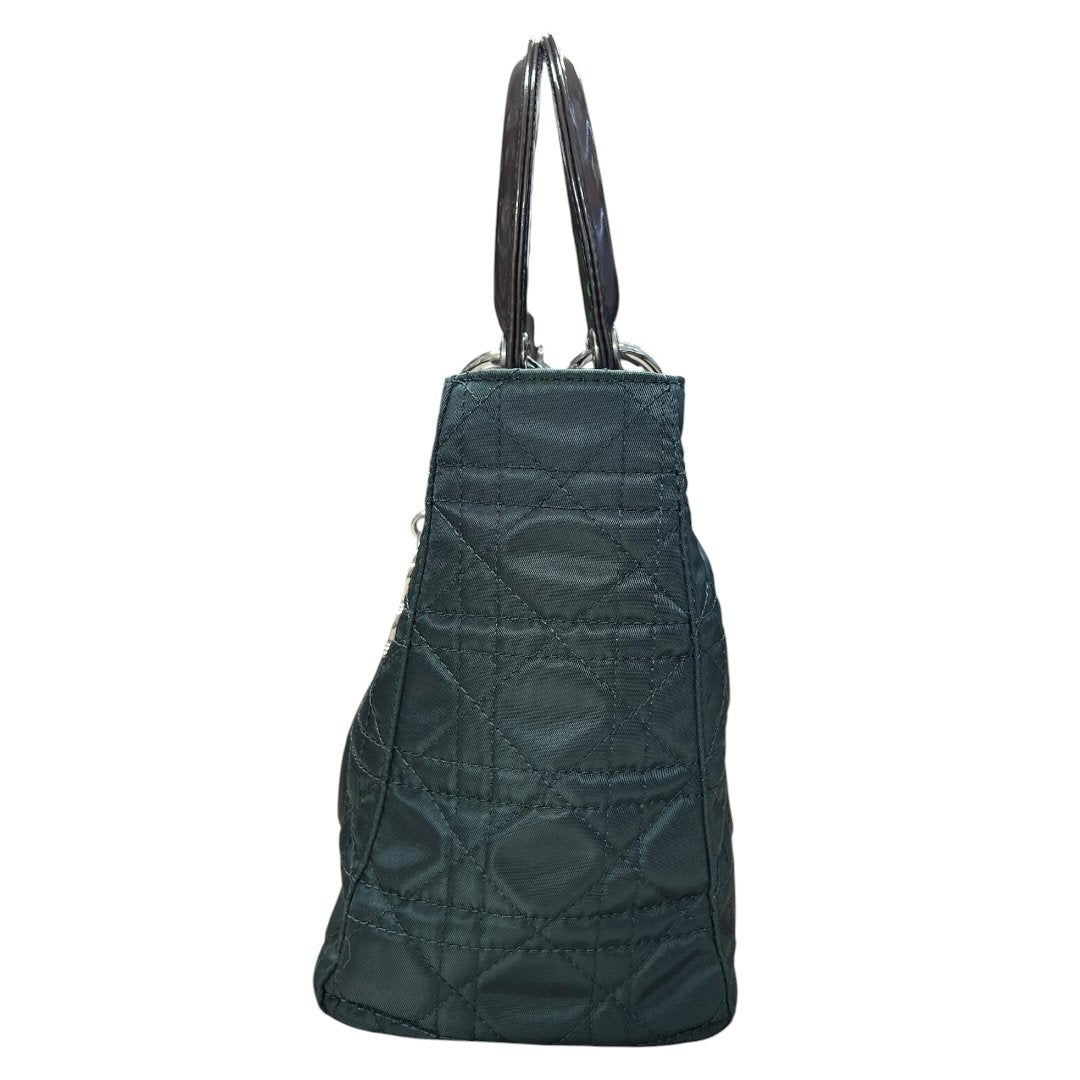 CHRISTIAN DIOR Nylon Lady Dior Handbag Dark Green with Metallic Brown handles Silver Hardware Ch2159