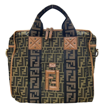 FENDI Zucca Canvas Zucca Monogram Tote Bag Brown, Black, Tan Gold-tone Hardware FE383