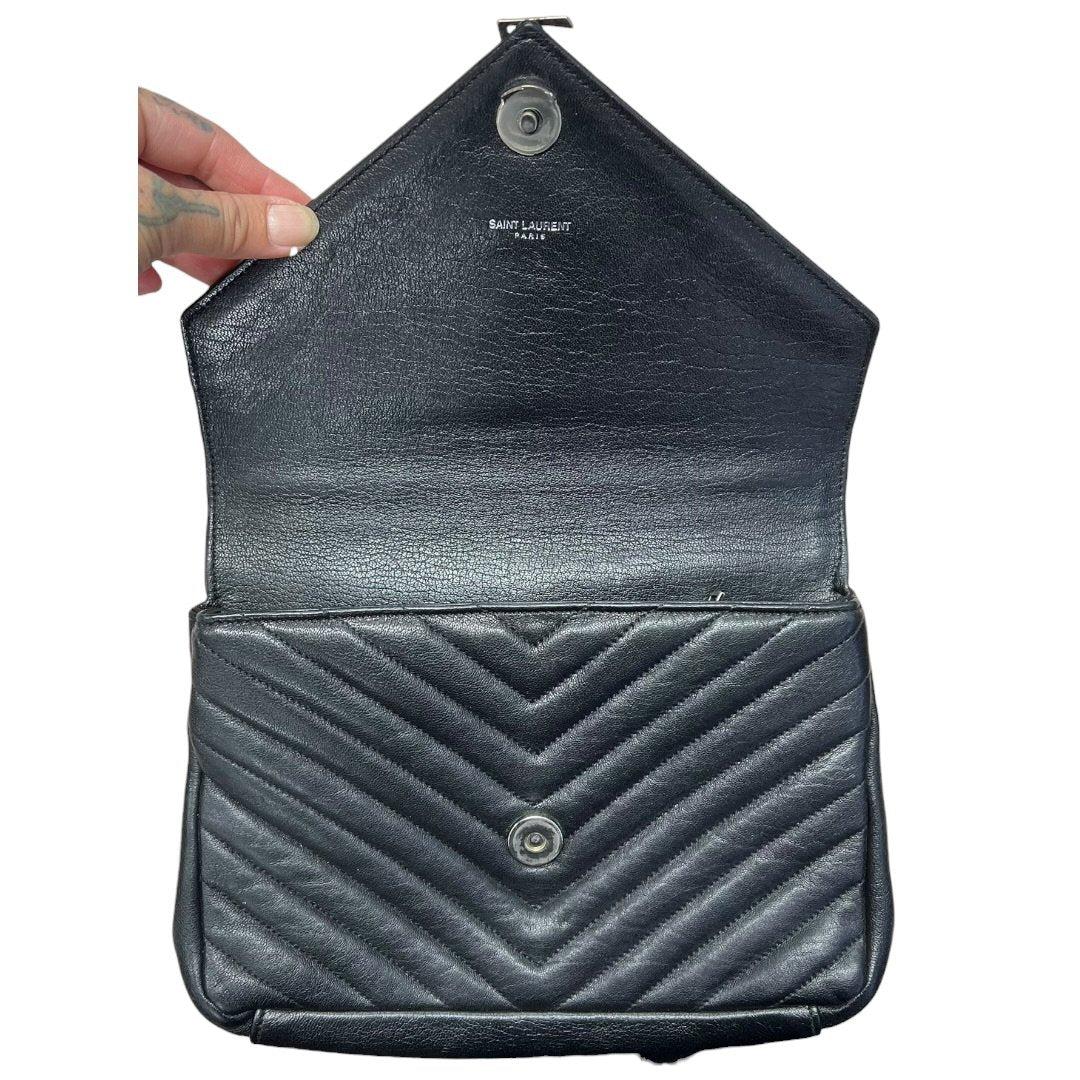 SAINT LAURENT Quilted Leather College Monogram Bag Shoulder Bag Black Silver Hardware YV157