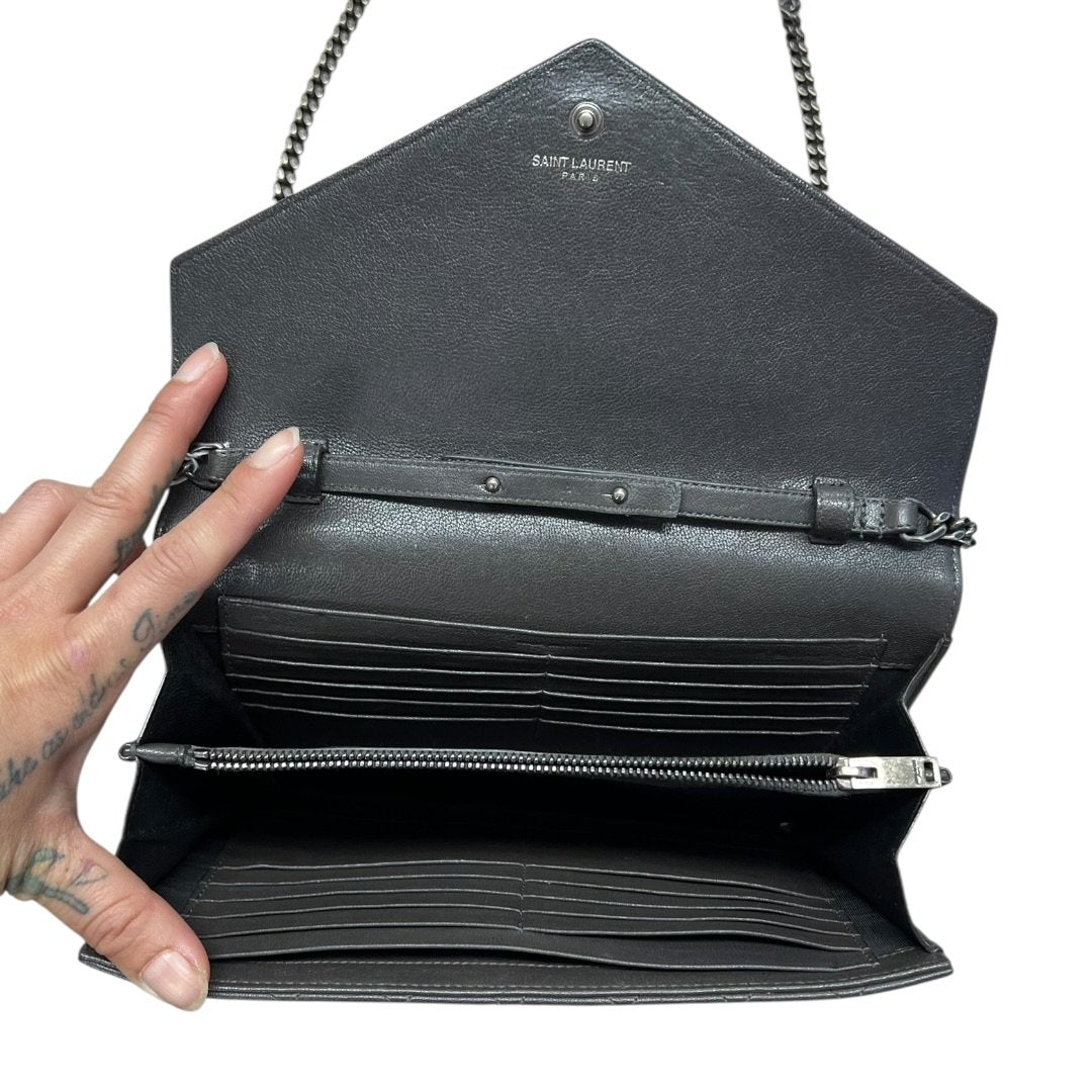 SAINT LAURENT Quilted Grain Leather Monogram Envelope Wallet on Chain Black Silver Hardware YV156