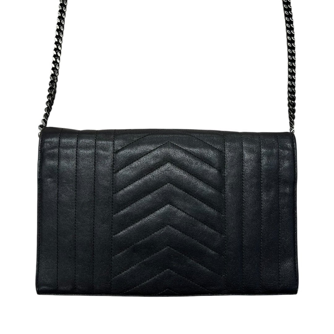 SAINT LAURENT Quilted Grain Leather Monogram Envelope Wallet on Chain Black Silver Hardware YV156
