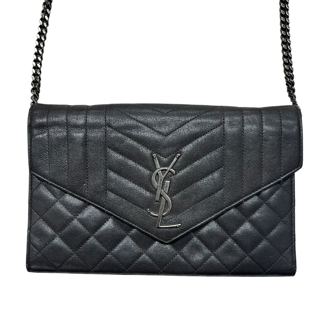 SAINT LAURENT Quilted Grain Leather Monogram Envelope Wallet on Chain Black Silver Hardware YV156