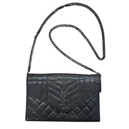 SAINT LAURENT Quilted Grain Leather Monogram Envelope Wallet on Chain Black Silver Hardware YV156