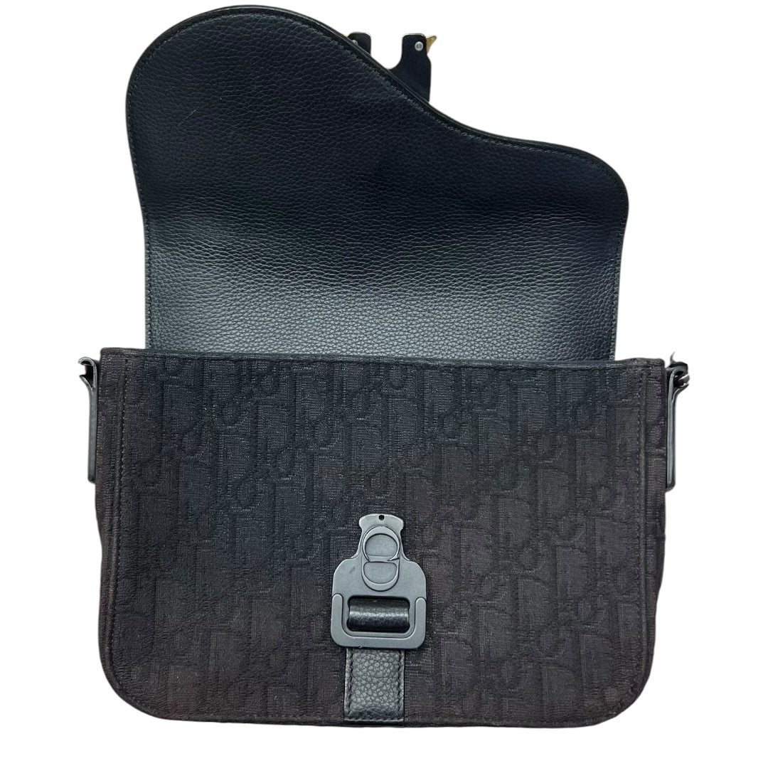 CHRISTIAN DIOR Oblique Canvas & Calfskin Saddle Messenger Bag Shoulder Bag Black Matte Black Metal Hardware with Gold-tone Accents Ch2155