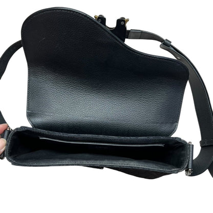 CHRISTIAN DIOR Oblique Canvas & Calfskin Saddle Messenger Bag Shoulder Bag Black Matte Black Metal Hardware with Gold-tone Accents Ch2155