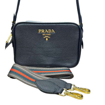 PRADA Vitello Daino Double Zip Crossbody Bag Crossbody Bag Black Gold Hardware PR204