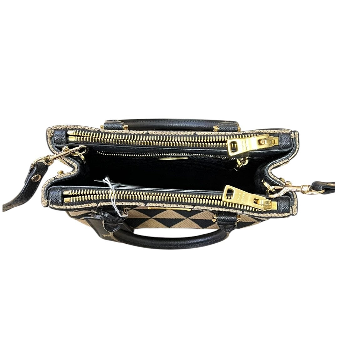 PRADA Jacquard Triangle Symbole Jacquard Triangle Mini Tote Handbag Black and Beige Gold Hardware PR203