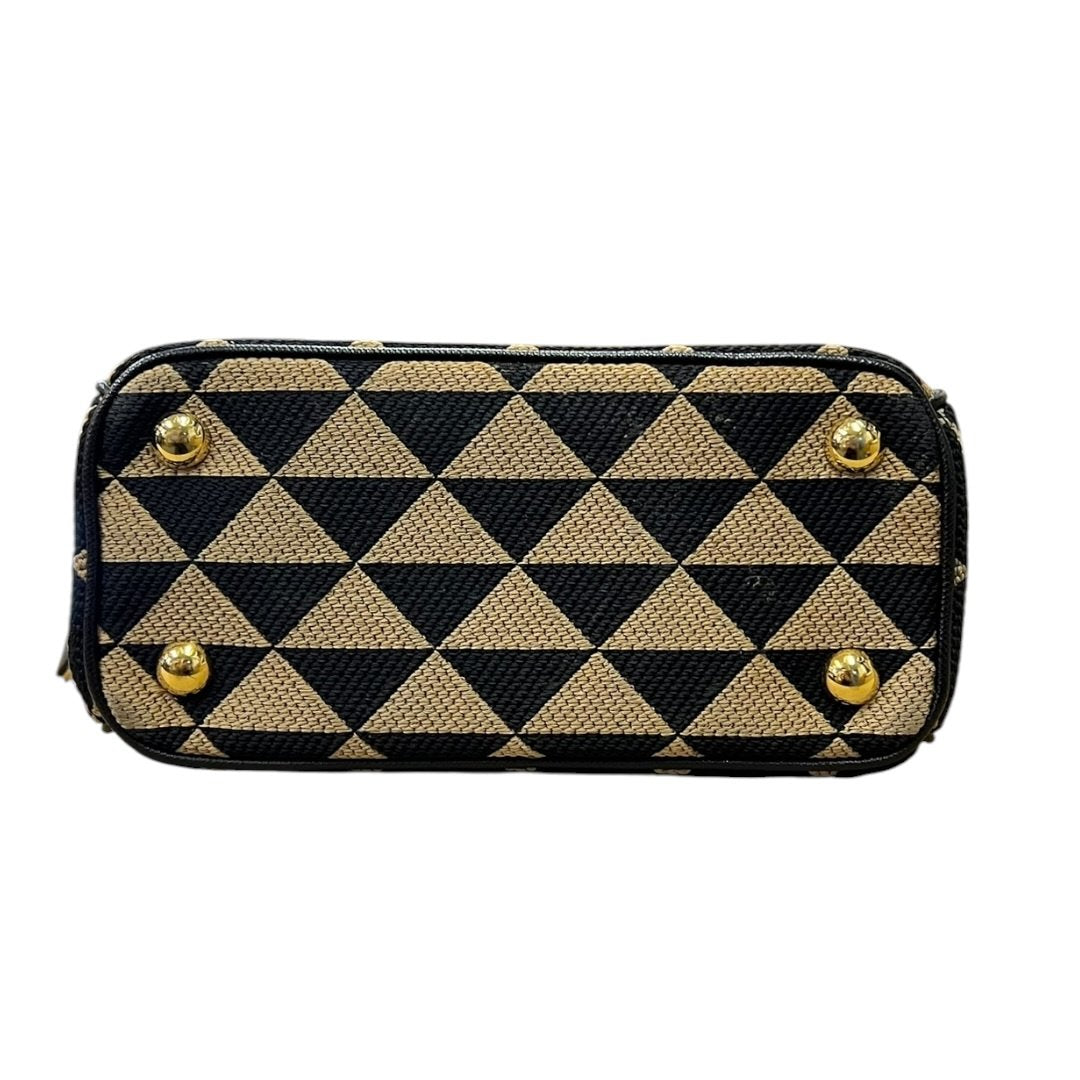 PRADA Jacquard Triangle Symbole Jacquard Triangle Mini Tote Handbag Black and Beige Gold Hardware PR203