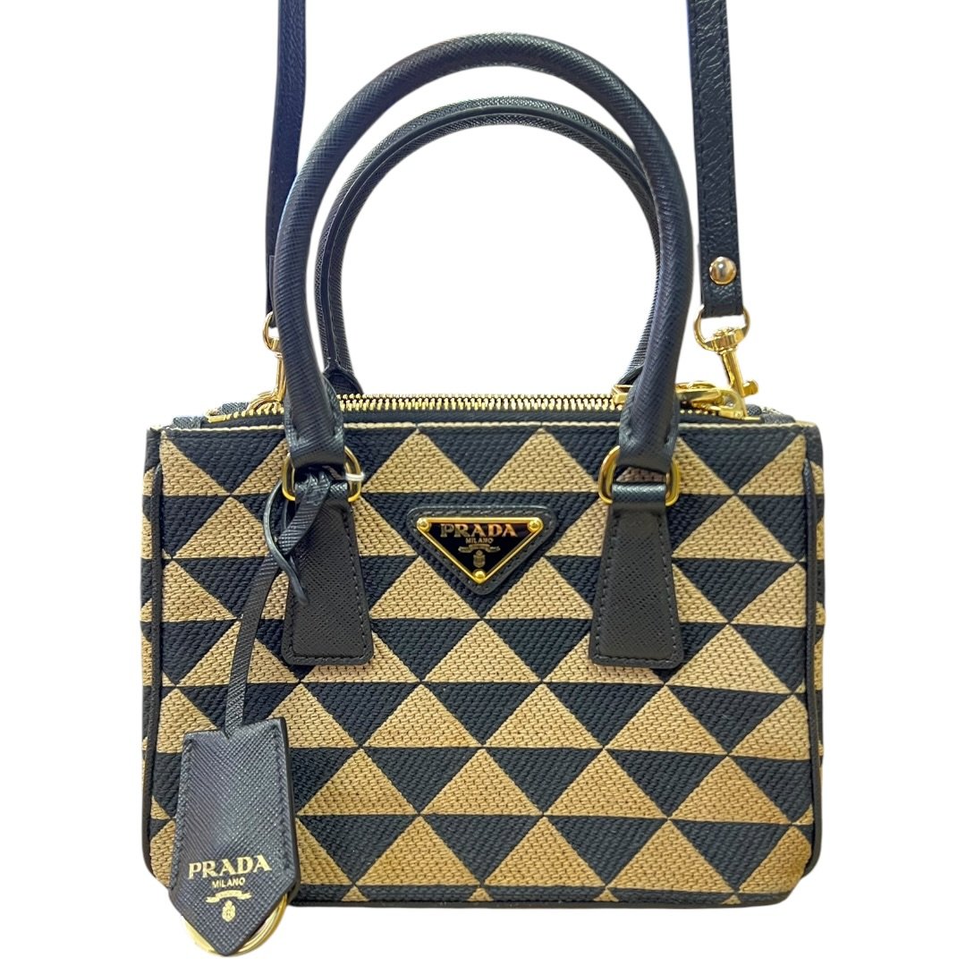 PRADA Jacquard Triangle Symbole Jacquard Triangle Mini Tote Handbag Black and Beige Gold Hardware PR203