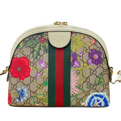 GUCCI GG Flora Canvas Ophidia GG Flora Small Shoulder Bag, Beige/Ebony (canvas) with Multicolor Floral Print and Cream/Off-white Leather Trim, Gold Hardware, GU628