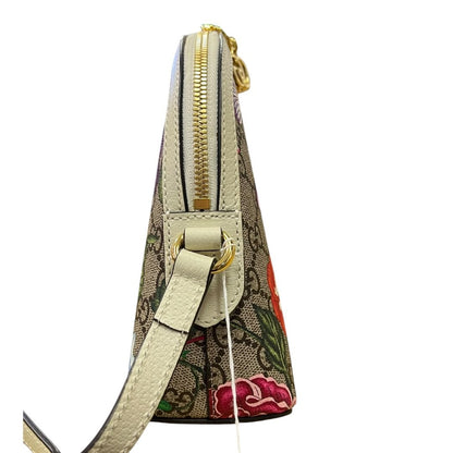 GUCCI GG Flora Canvas Ophidia GG Flora Small Shoulder Bag, Beige/Ebony (canvas) with Multicolor Floral Print and Cream/Off-white Leather Trim, Gold Hardware, GU628