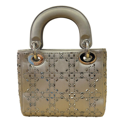 DIOR Embellished Satin Lady Dior Handbag Metallic Grey Silver Hardware Ch2157