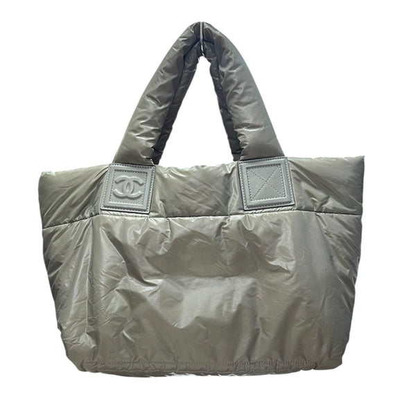 CHANEL Padded Nylon Coco Cocoon Tote Bag Khaki (exterior) / Burgundy (interior) Silver Hardware CH2163