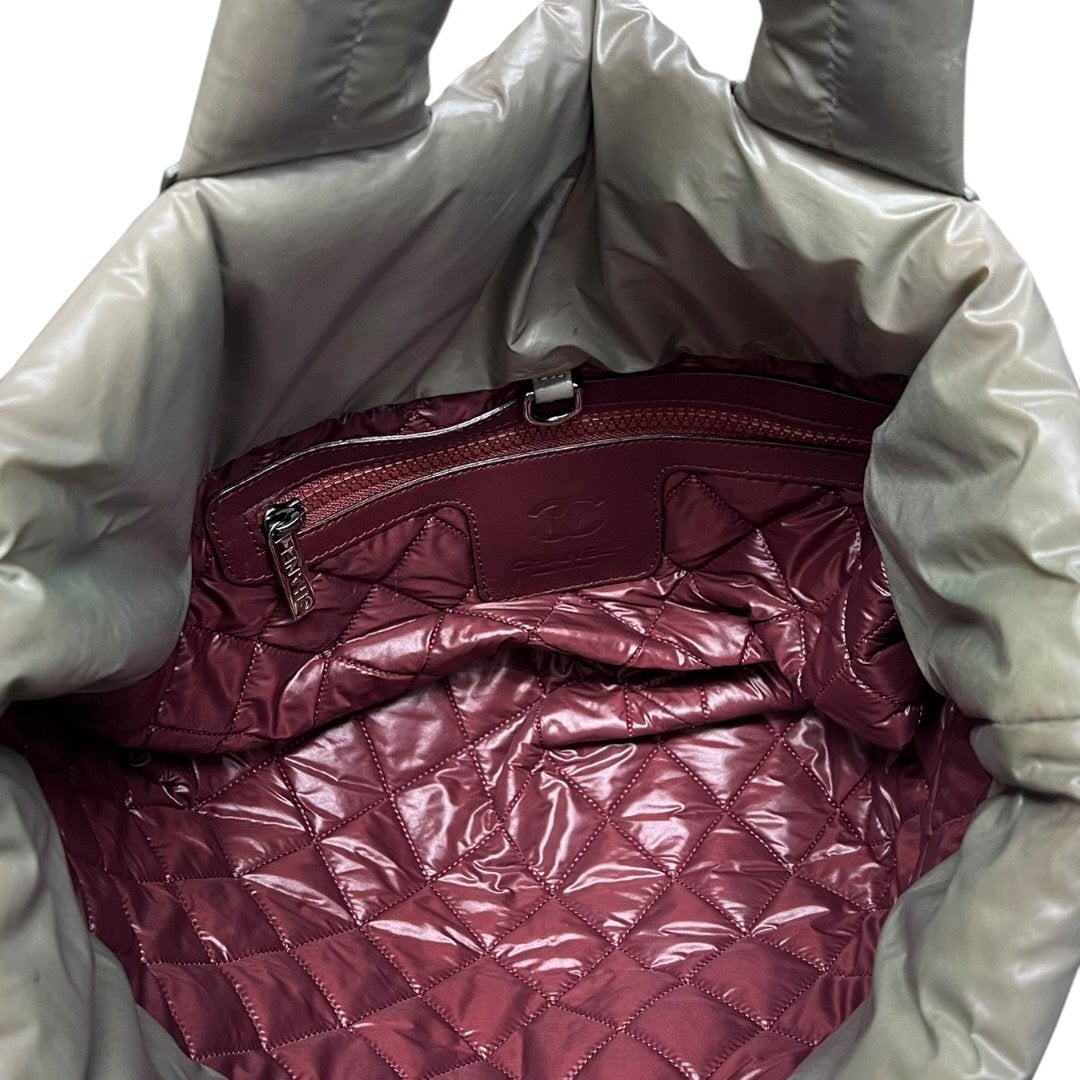 CHANEL Padded Nylon Coco Cocoon Tote Bag Khaki (exterior) / Burgundy (interior) Silver Hardware CH2163