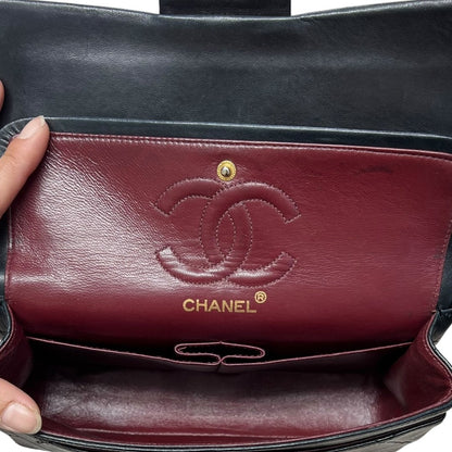 CHANEL Lambskin Classic Flap Bag Shoulder Bag Black with Burgundy Lining Gold Hardware CH2166