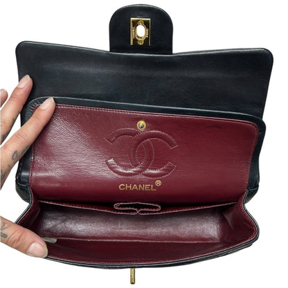 CHANEL Lambskin Classic Flap Bag Shoulder Bag Black with Burgundy Lining Gold Hardware CH2166