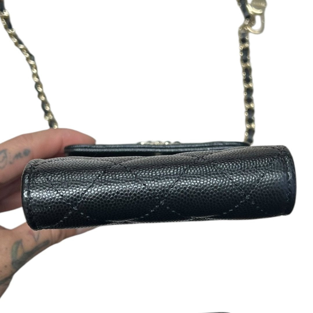 CHANEL Caviar Phone Holder with Airpods Pouch Crossbody Bag Black Crystal-embellished Gold Hardware CH2161