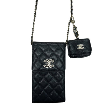 CHANEL Caviar Phone Holder with Airpods Pouch Crossbody Bag Black Crystal-embellished Gold Hardware CH2161