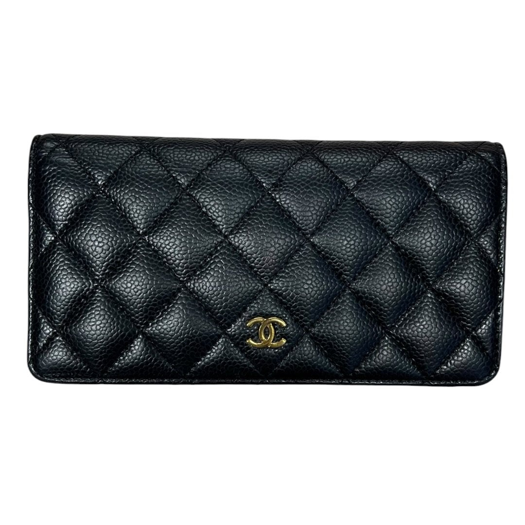 CHANEL Caviar Leather Classic Flap Long Wallet Black (exterior), Burgundy (interior) Gold Hardware CH2165