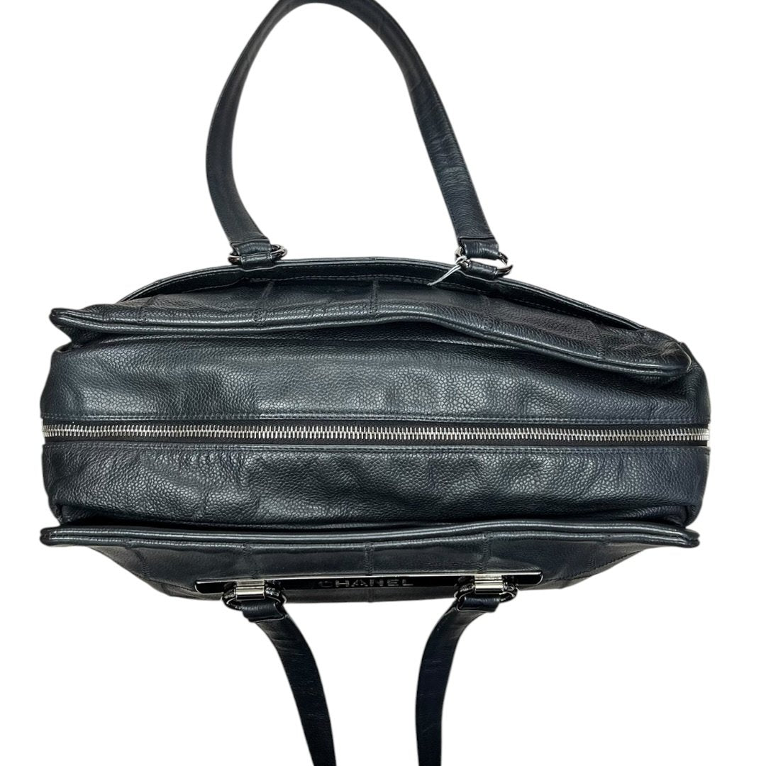CHANEL Grained Leather Chocolate Bar Tote Bag Black Silver Hardware CH2162