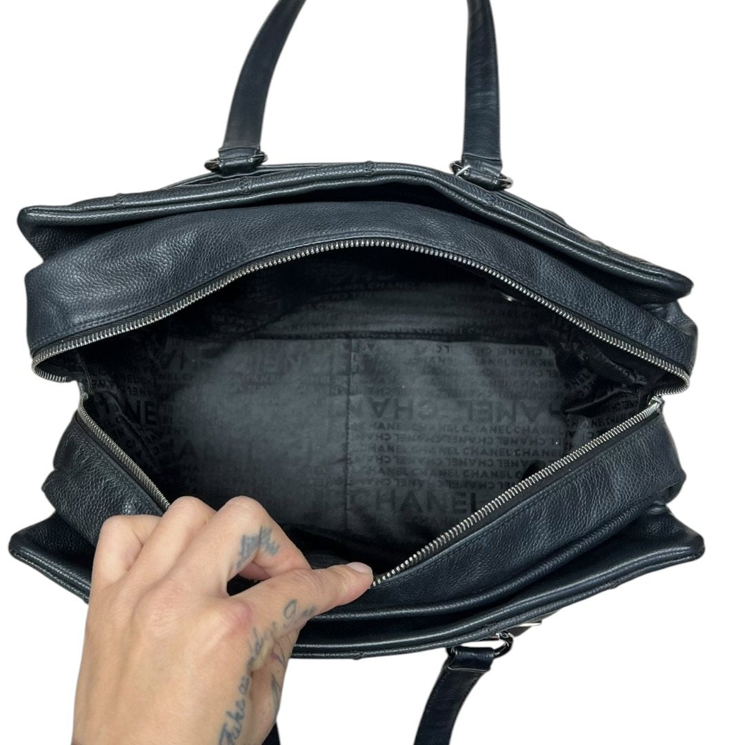 CHANEL Grained Leather Chocolate Bar Tote Bag Black Silver Hardware CH2162