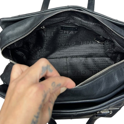 CHANEL Grained Leather Chocolate Bar Tote Bag Black Silver Hardware CH2162