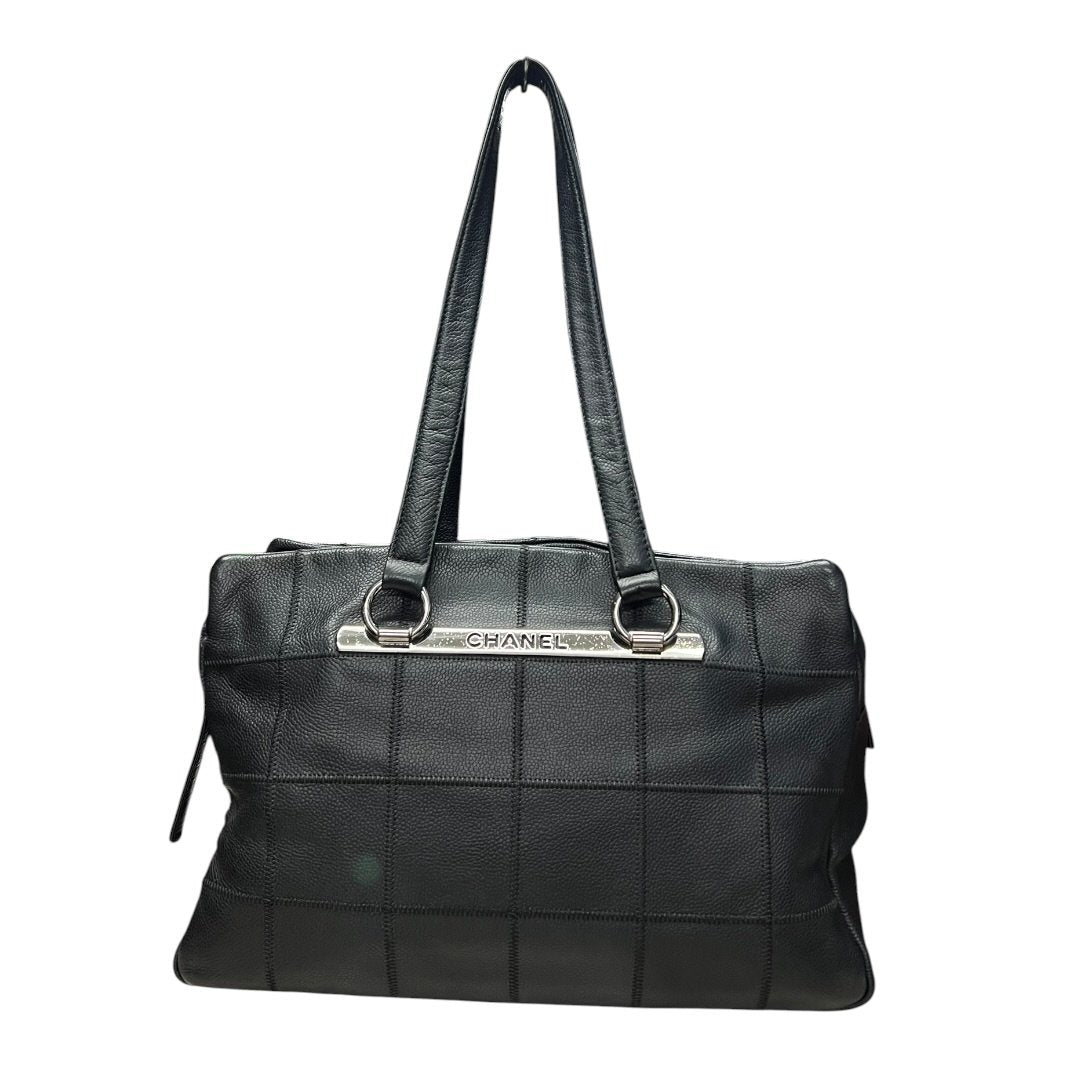 CHANEL Grained Leather Chocolate Bar Tote Bag Black Silver Hardware CH2162