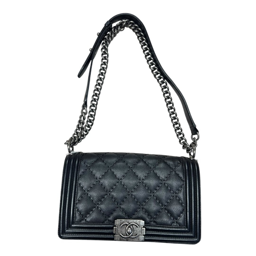 CHANEL Lambskin Boy Chanel Shoulder Bag Black Silver Hardware CH2160