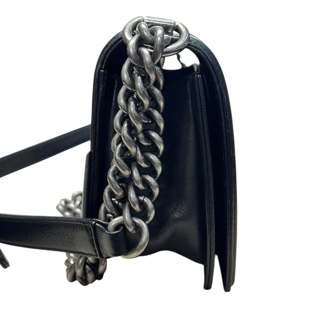 CHANEL Lambskin Boy Chanel Shoulder Bag Black Silver Hardware CH2160