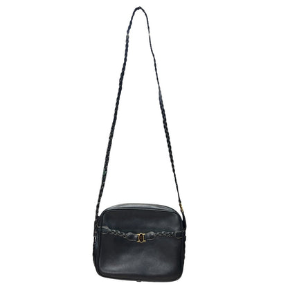 GUCCI Leather Vintage Braided Interlocking G Shoulder Bag Black Gold Hardware Gu655