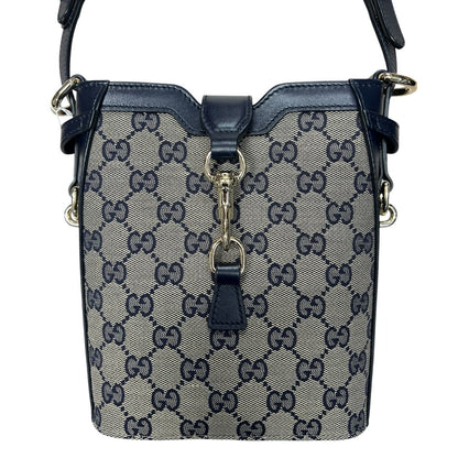 GUCCI GG Canvas, Leather Mini Bucket Bag Crossbody Bag Navy Blue, Beige, Red Silver Hardware Gu642
