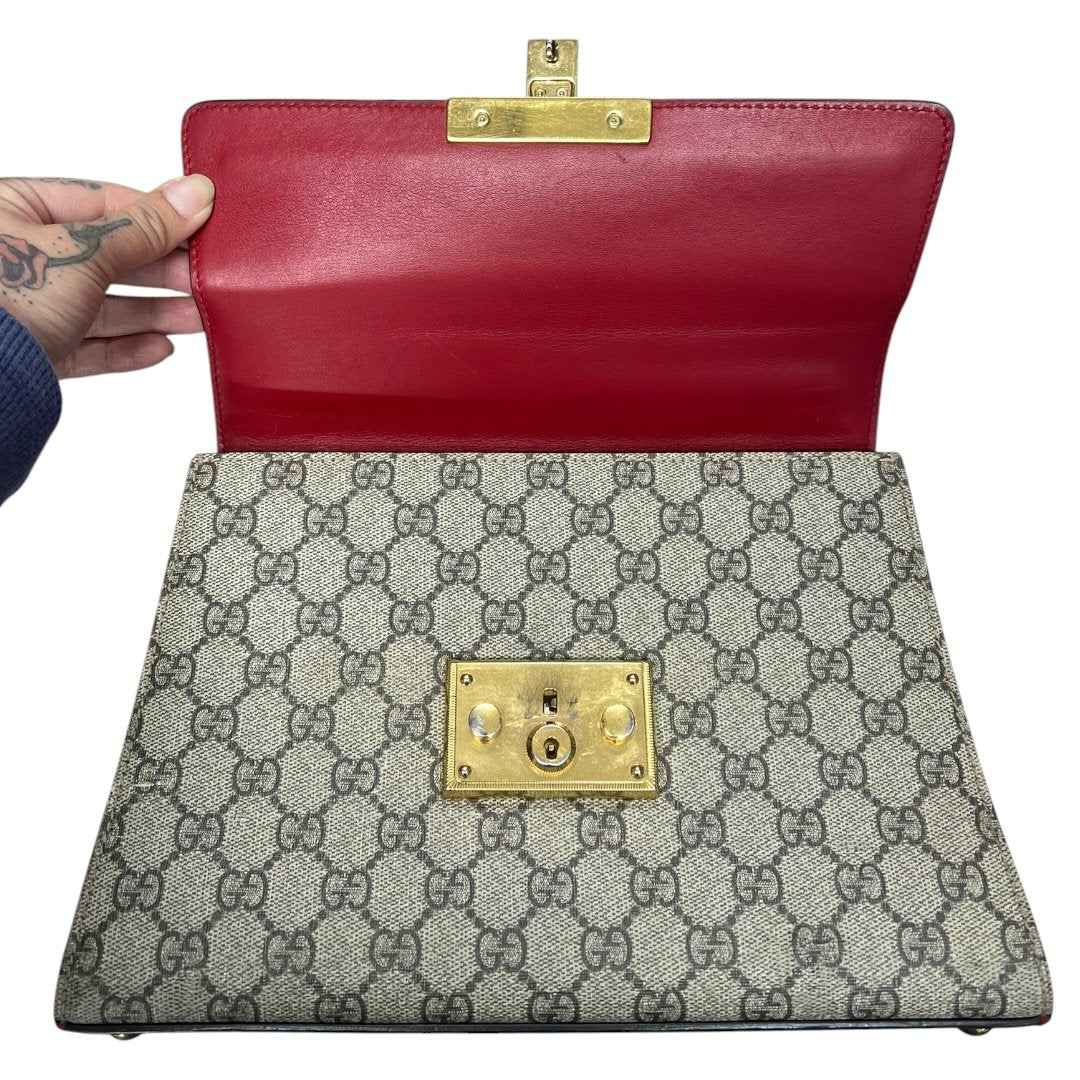 GUCCI GG Supreme Canvas & Leather Padlock Top Handle Bag Handbag Beige, Red, Fuchsia Gold Hardware Gu640