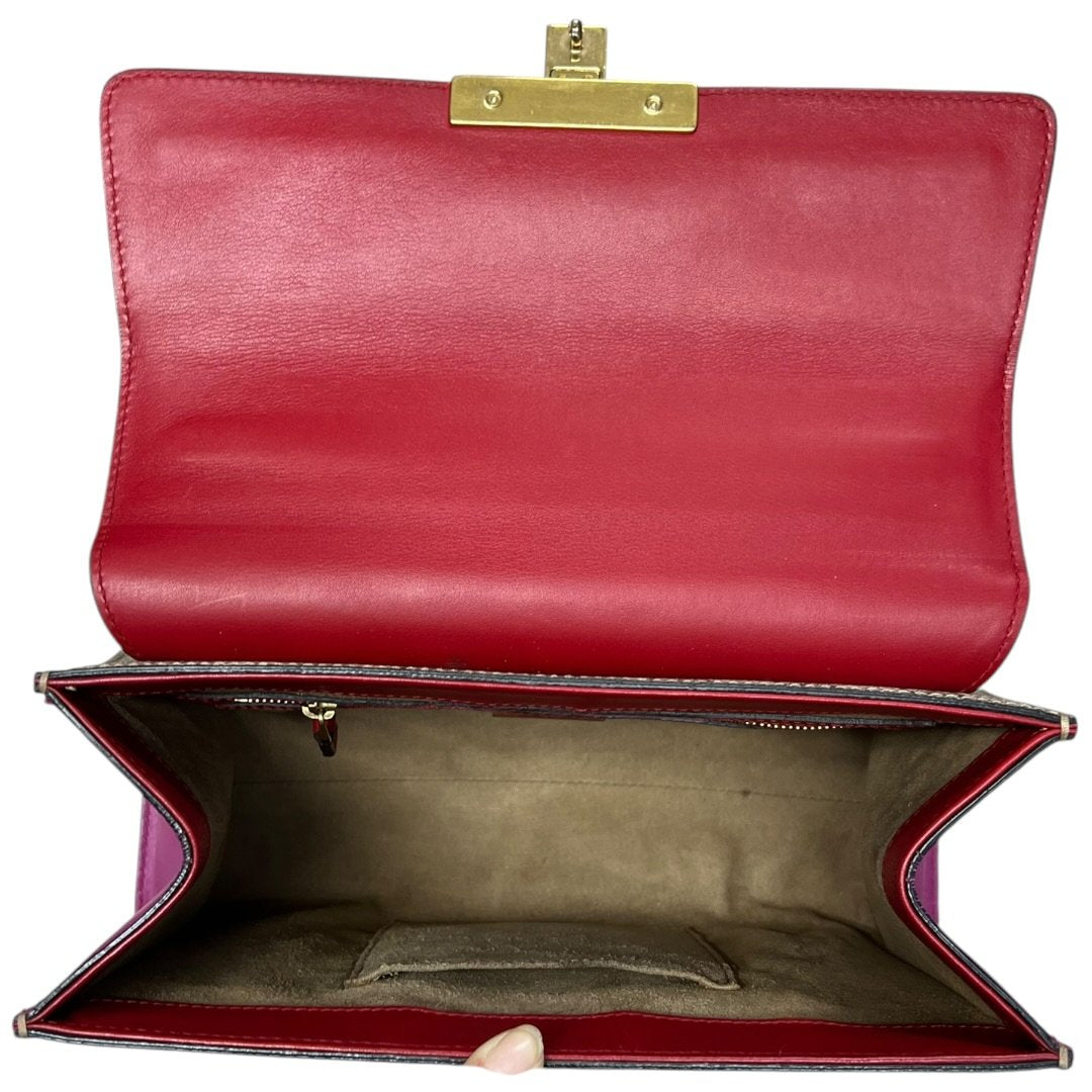 GUCCI GG Supreme Canvas & Leather Padlock Top Handle Bag Handbag Beige, Red, Fuchsia Gold Hardware Gu640