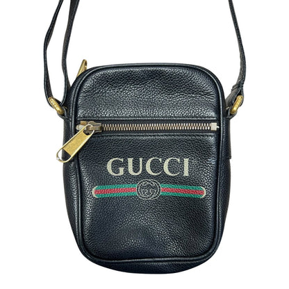 GUCCI Grained Leather Gucci Print Leather Shoulder Bag Black Gold Hardware Gu650