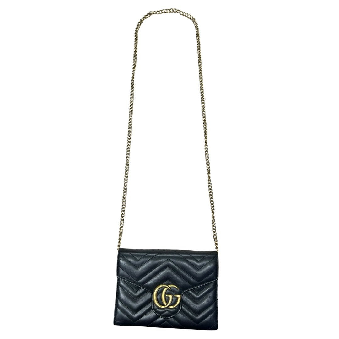 GUCCI Matelassé Leather GG Marmont Matelassé Wallet-on-Chain Black Gold Hardware Gu638