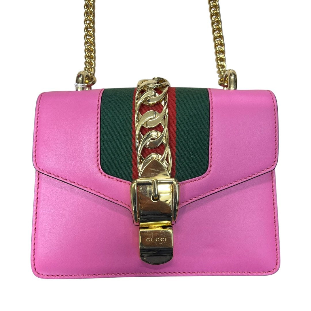 GUCCI Leather Sylvie 1969 Mini Shoulder Bag Shoulder Bag Pink, Green, Red Gold Hardware Gu641
