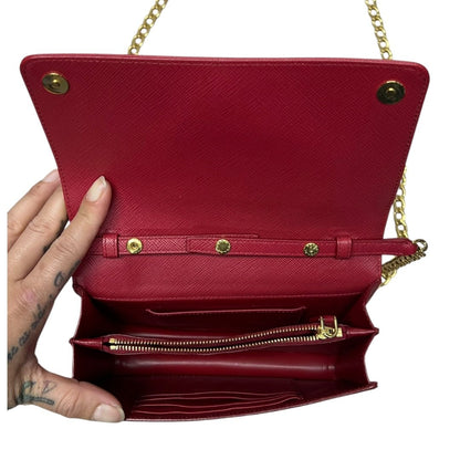PRADA Saffiano Wallet on Chain Shoulder Bag Red Gold Hardware PR207