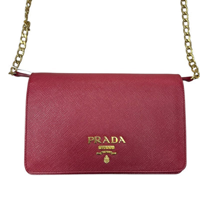 PRADA Saffiano Wallet on Chain Shoulder Bag Red Gold Hardware PR207
