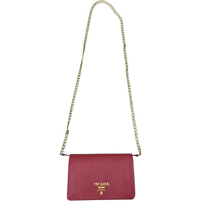 PRADA Saffiano Wallet on Chain Shoulder Bag Red Gold Hardware PR207