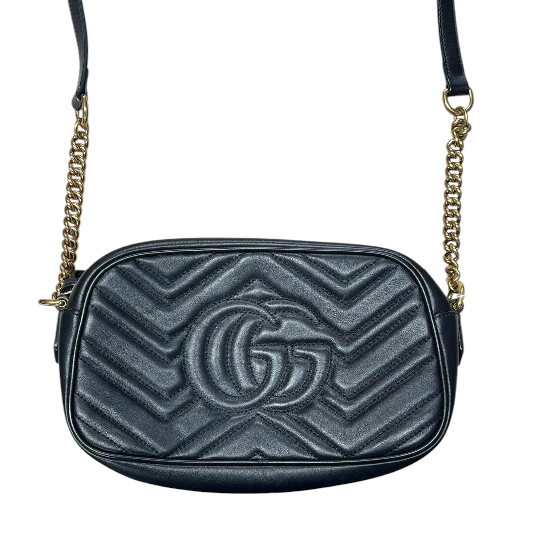 GUCCI Leather GG Marmont Matelassé Small Shoulder Bag Black Gold Hardware Gu639