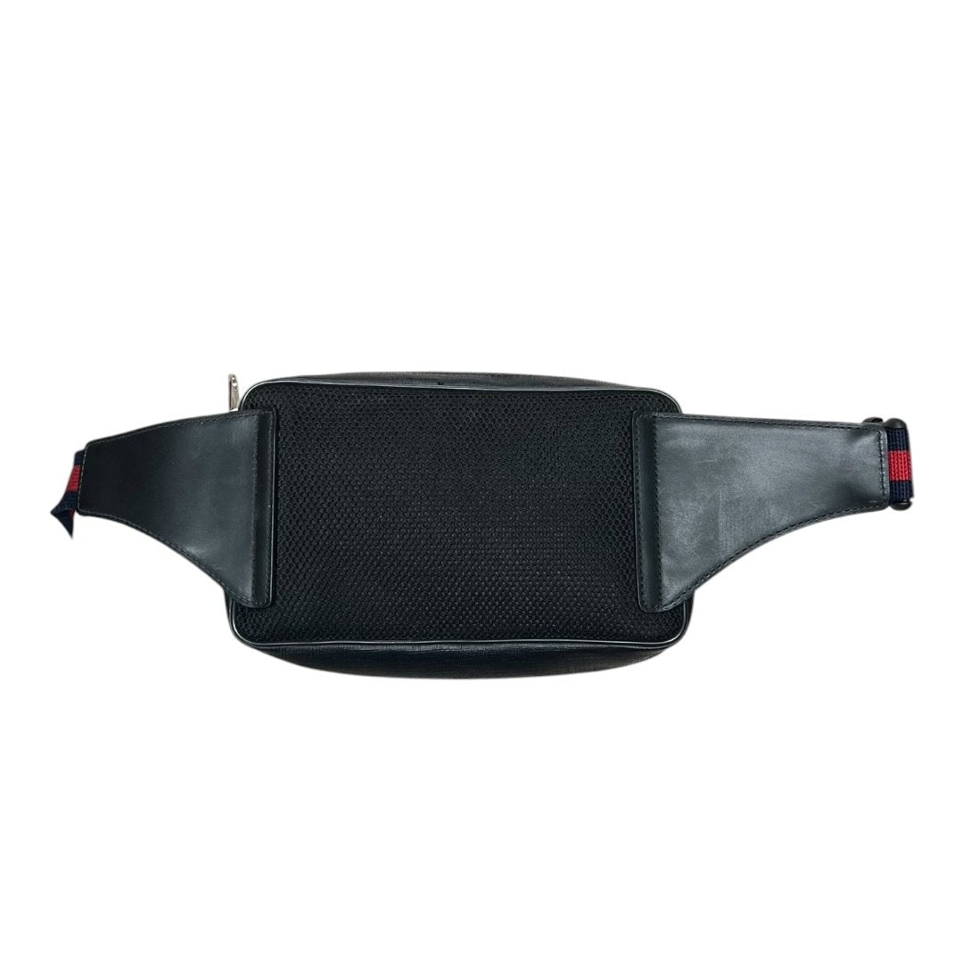 GUCCI GG Supreme Canvas GG Supreme Belt Bag Black/Grey with Navy/Red strap Silver Hardware Gu632