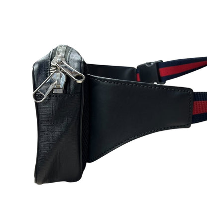 GUCCI GG Supreme Canvas GG Supreme Belt Bag Black/Grey with Navy/Red strap Silver Hardware Gu632