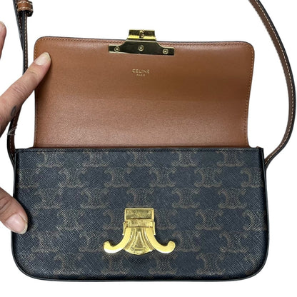CELINE Triomphe Canvas Teen Triomphe Bag Shoulder Bag Dark Brown, Tan Gold Hardware Ce263