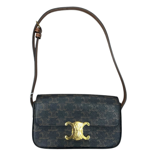 CELINE Triomphe Canvas Teen Triomphe Bag Shoulder Bag Dark Brown, Tan Gold Hardware Ce263