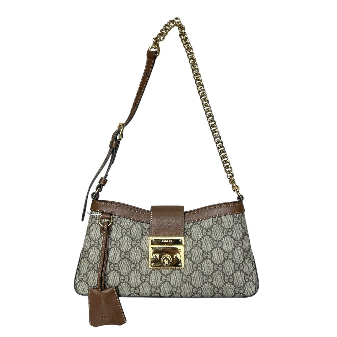 GUCCI GG Supreme Padlock Small Shoulder Bag Beige and Brown Gold Hardware Gu643