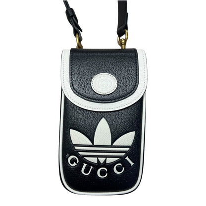 GUCCI Grained Leather Adidas x Gucci Phone Holder Black and White Gold Hardware Gu635