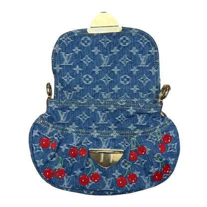 LOUIS VUITTON Monogram Denim, Vachetta Monogram Denim Cerises Sac Fermoir Shoulder Bag Blue, Red, Natural Gold Hardware LO2368