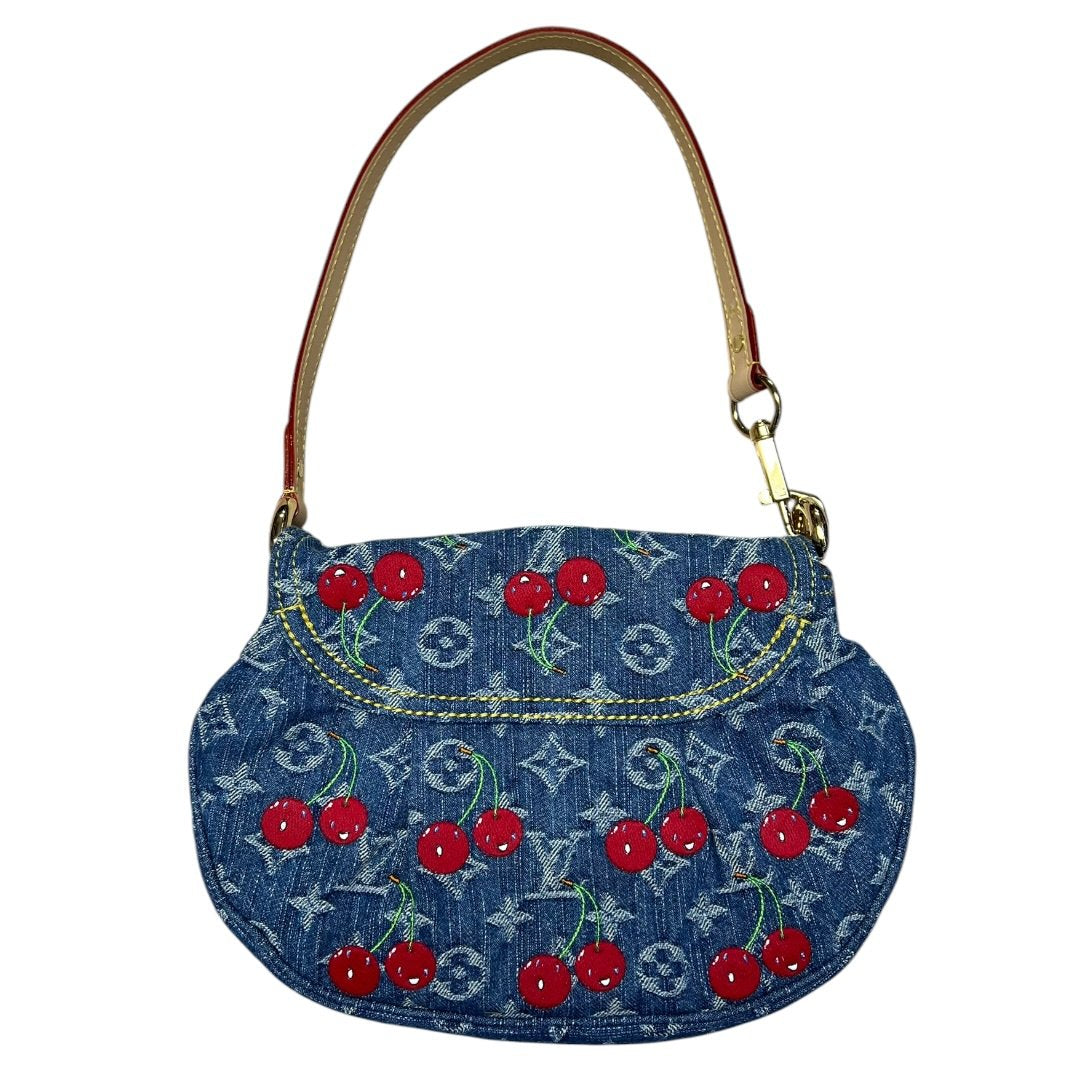 LOUIS VUITTON Monogram Denim, Vachetta Monogram Denim Cerises Sac Fermoir Shoulder Bag Blue, Red, Natural Gold Hardware LO2368