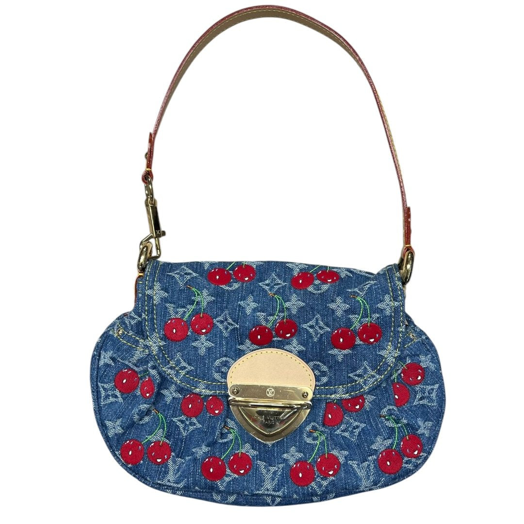LOUIS VUITTON Monogram Denim, Vachetta Monogram Denim Cerises Sac Fermoir Shoulder Bag Blue, Red, Natural Gold Hardware LO2368