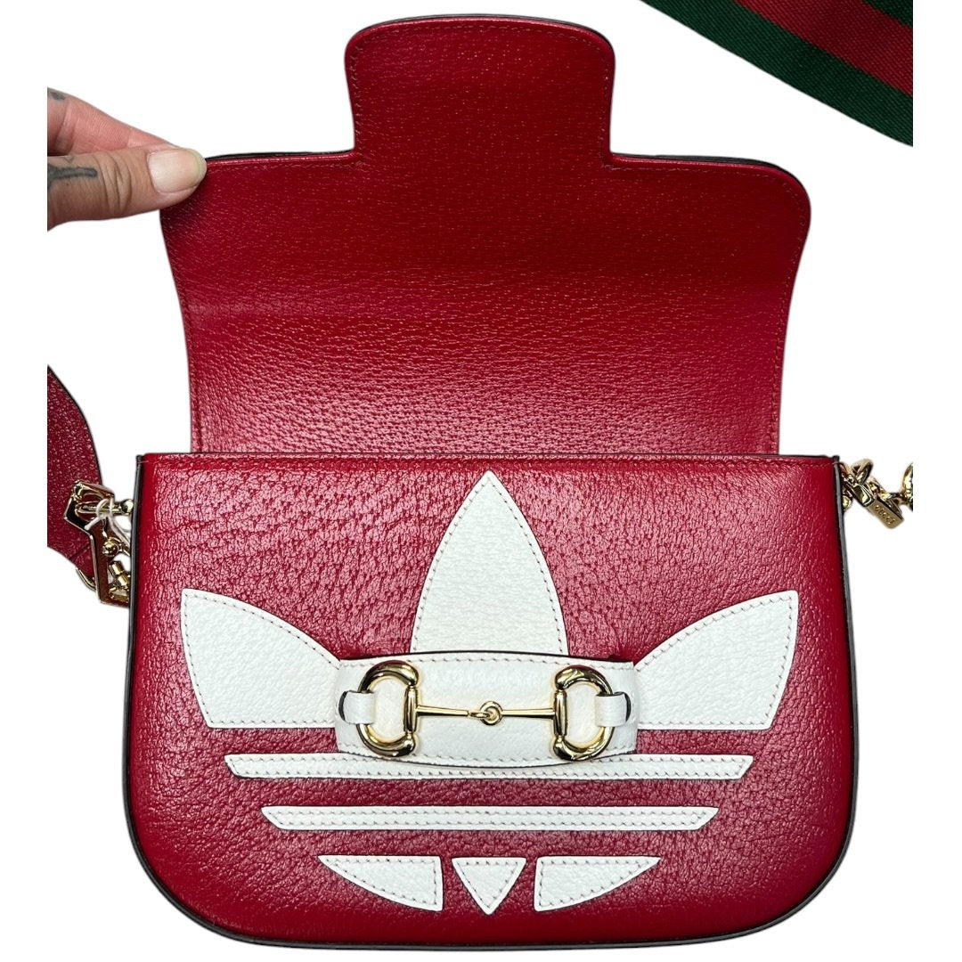 GUCCI Grained Leather Adidas x Gucci Horsebit 1955 Mini Bag Shoulder Bag Red Gold Hardware GU647